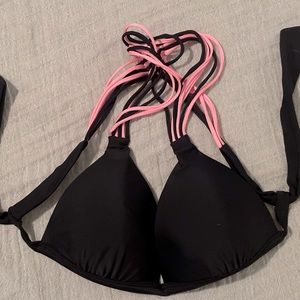 Black with pink/black crisscross back straps Bikini Top